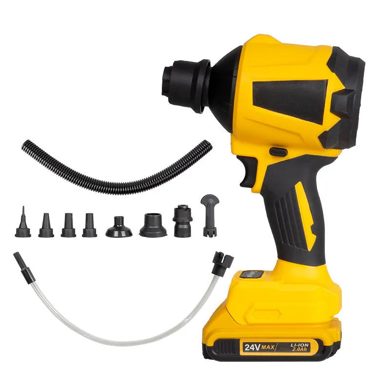 Yellow handheld lithium battery dust gun with 680W power rating for cordless cleaning and inflation