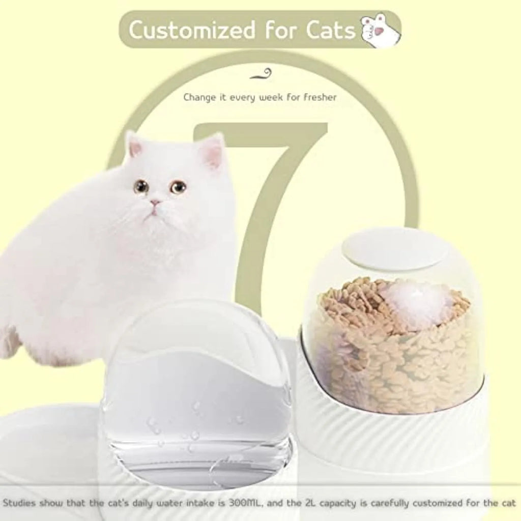 Pure white automatic cat feeder and water dispenser set with wave-shaped design.