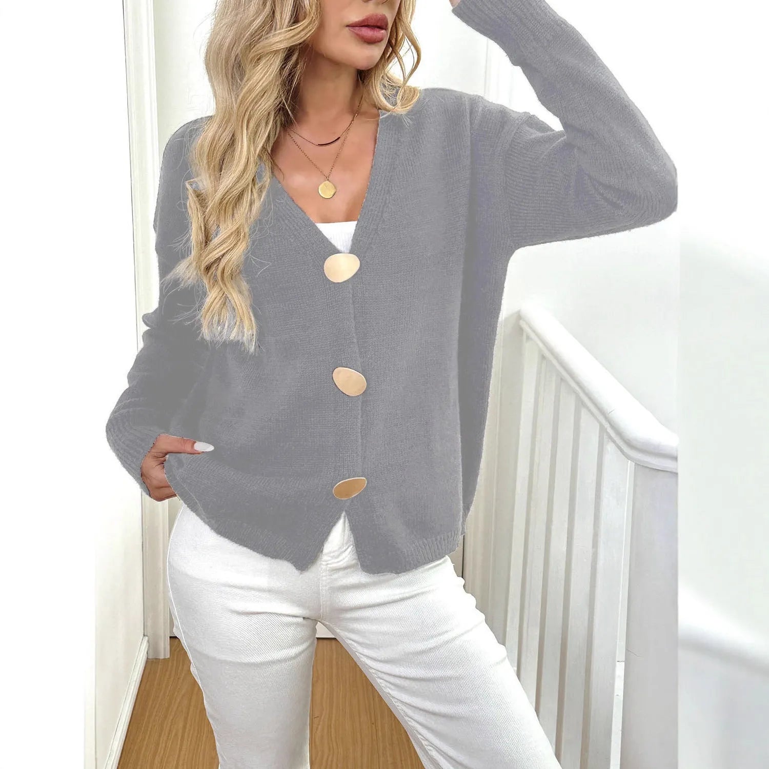 Women's grey deer plush sweater coat with princess sleeves and irregular hemline on hanger