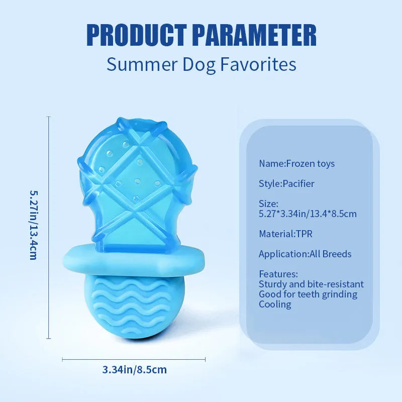 Set of three silicone dog toys: a blue pacifier, a red popsicle, and a green ring for water filling and freezing.