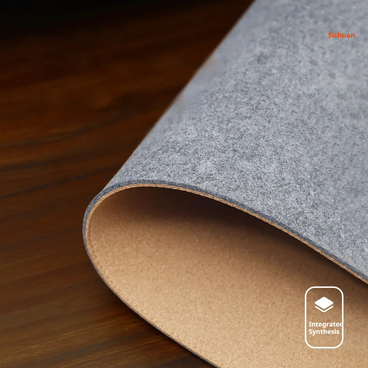 Grey felt-cork office desk mat in Japanese minimalist style on wooden desk