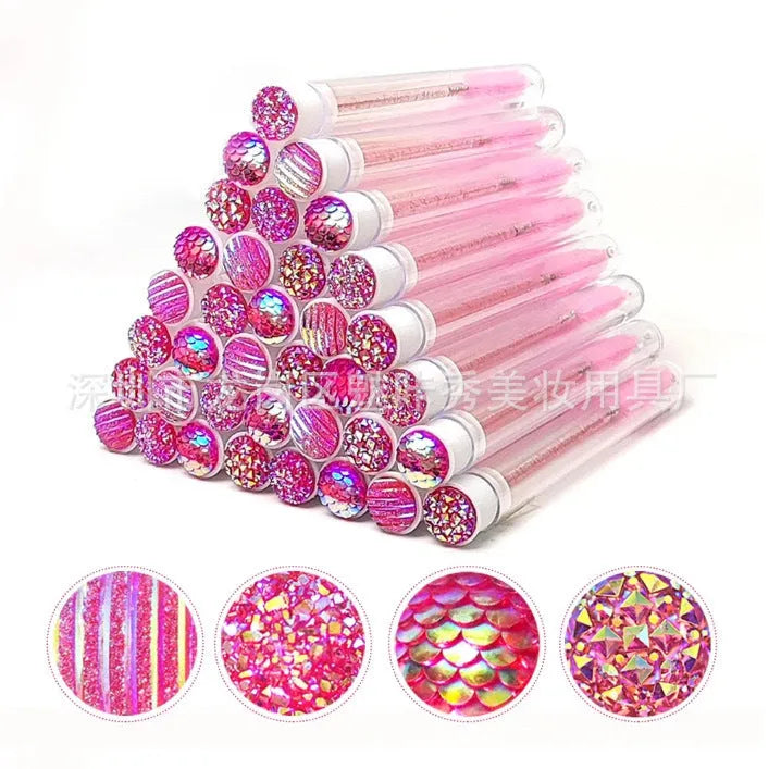 Disposable eyelash and mascara brushes in transparent plastic tubes with spiral brush heads