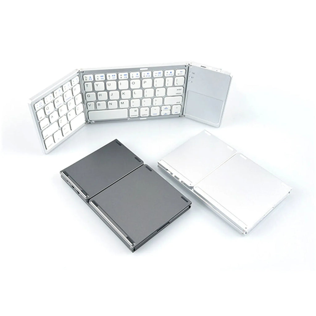 Black tri-fold Bluetooth keyboard shown in folded position demonstrating compact 30.2cm size