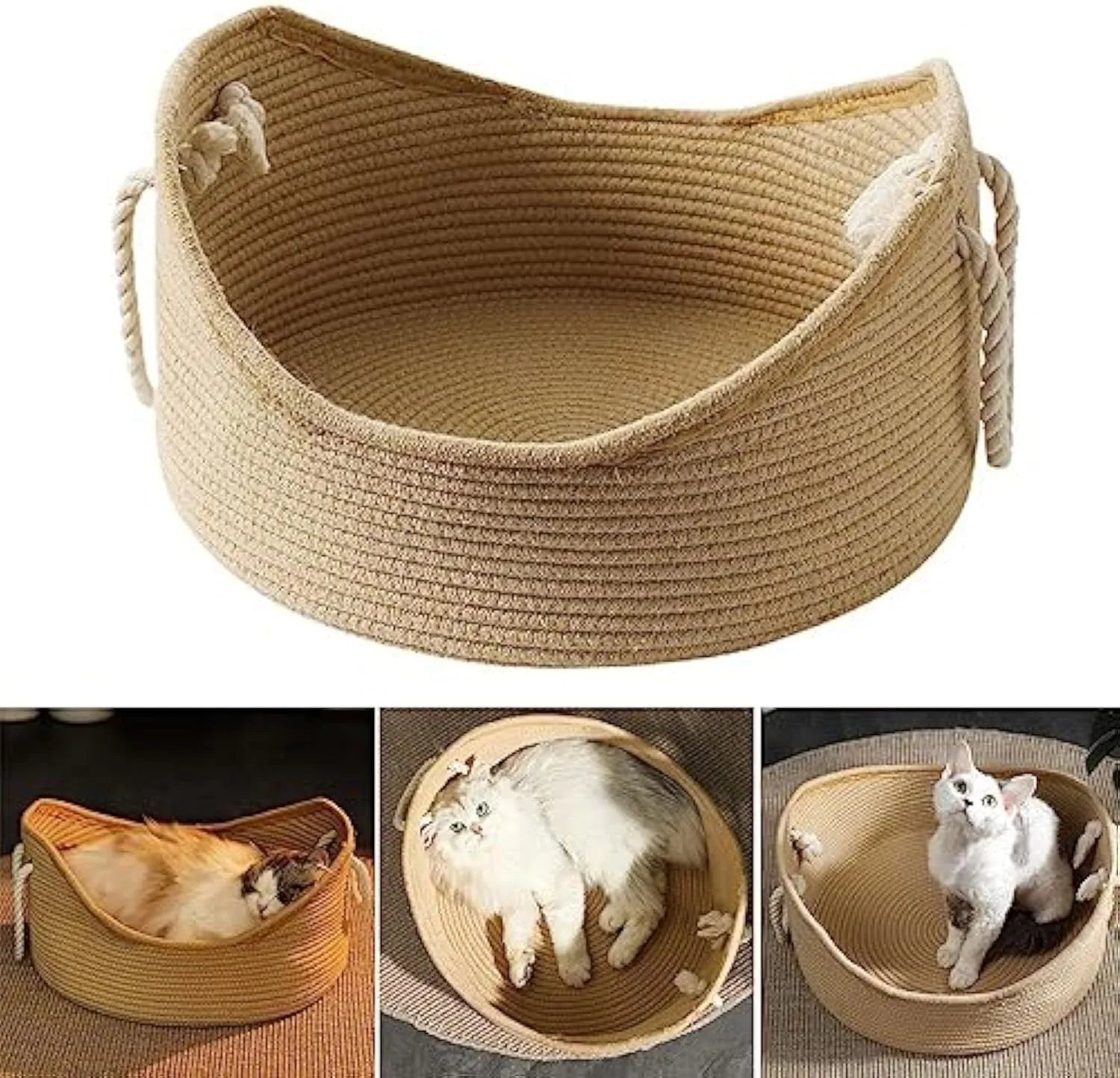 Wicker cat bed basket with a corrugated scratching surface, shown in two sizes.