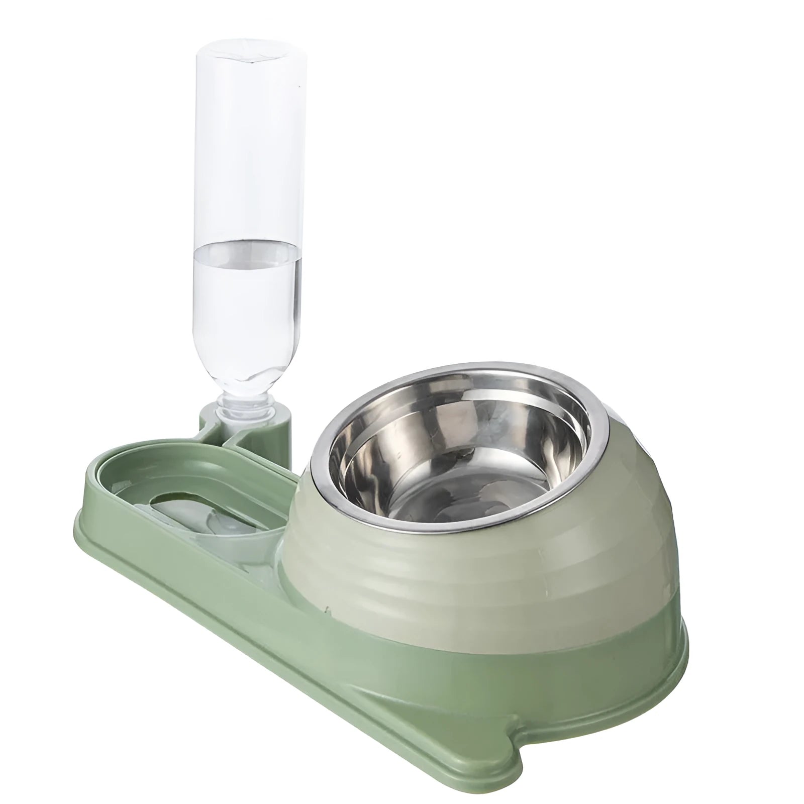 Brown elevated cat bowl set with automatic water bottle and curved food dish