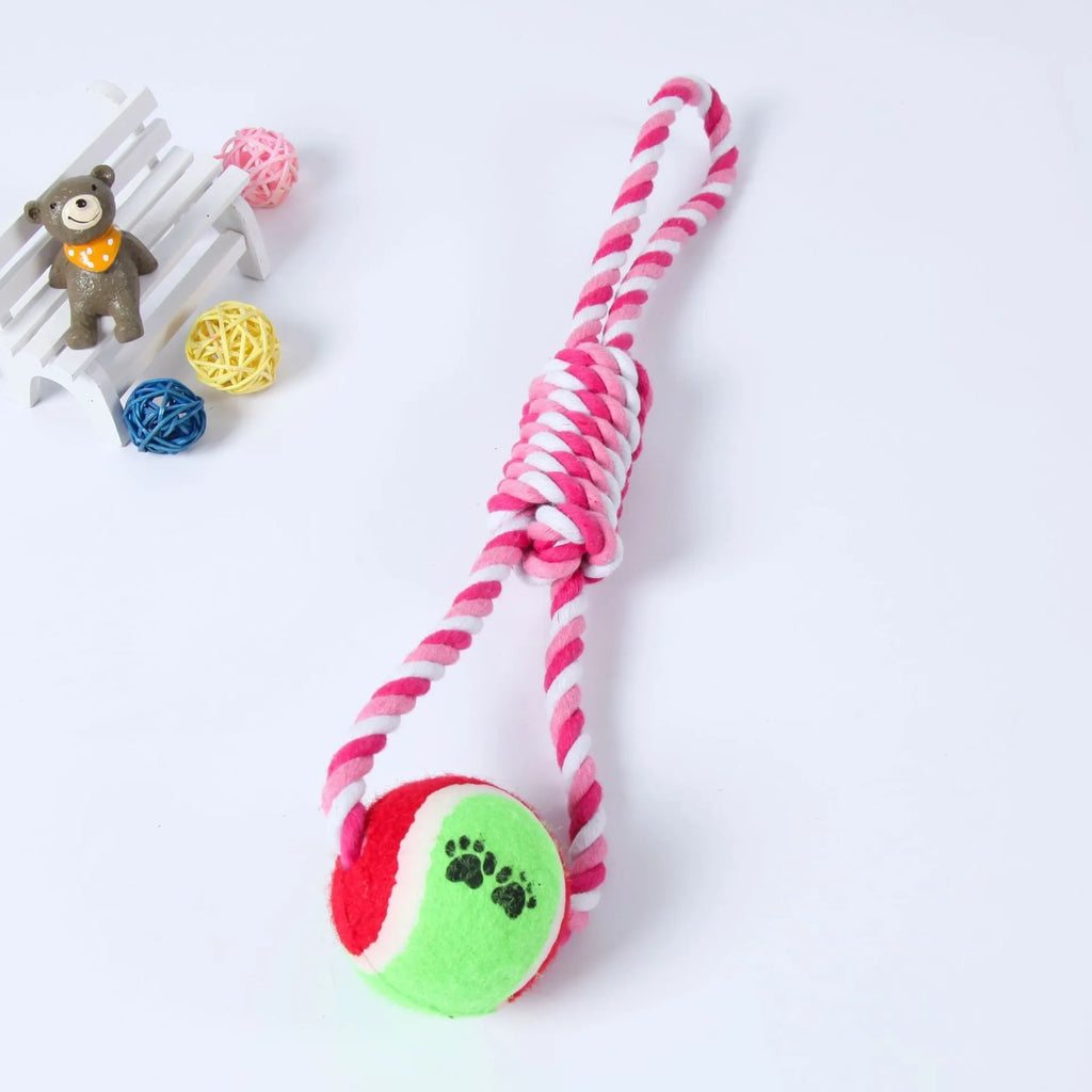 Red, white, and blue cotton string dog toy for medium and large breeds, approximately 38cm long.