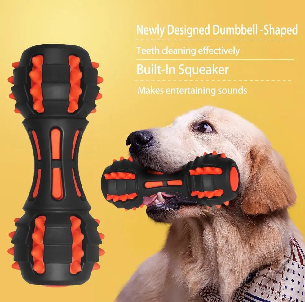 Red rubber dumbbell-shaped dog chew toy for aggressive chewers with double-layer construction