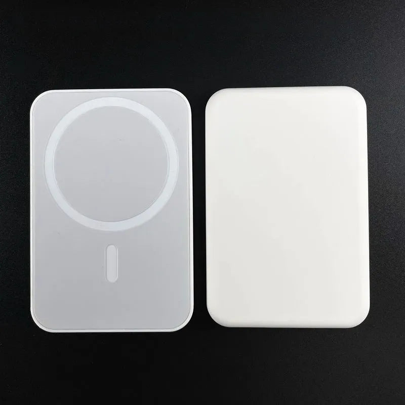 White wireless magnetic charging power bank with 5000mAh capacity and creative PVC casing design