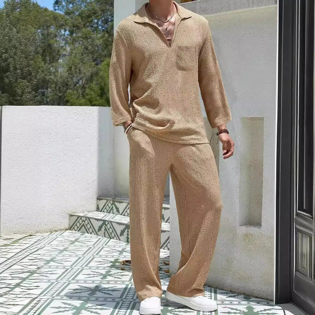 Men's casual shirt and trouser suit set in polyester fabric available in four colours.