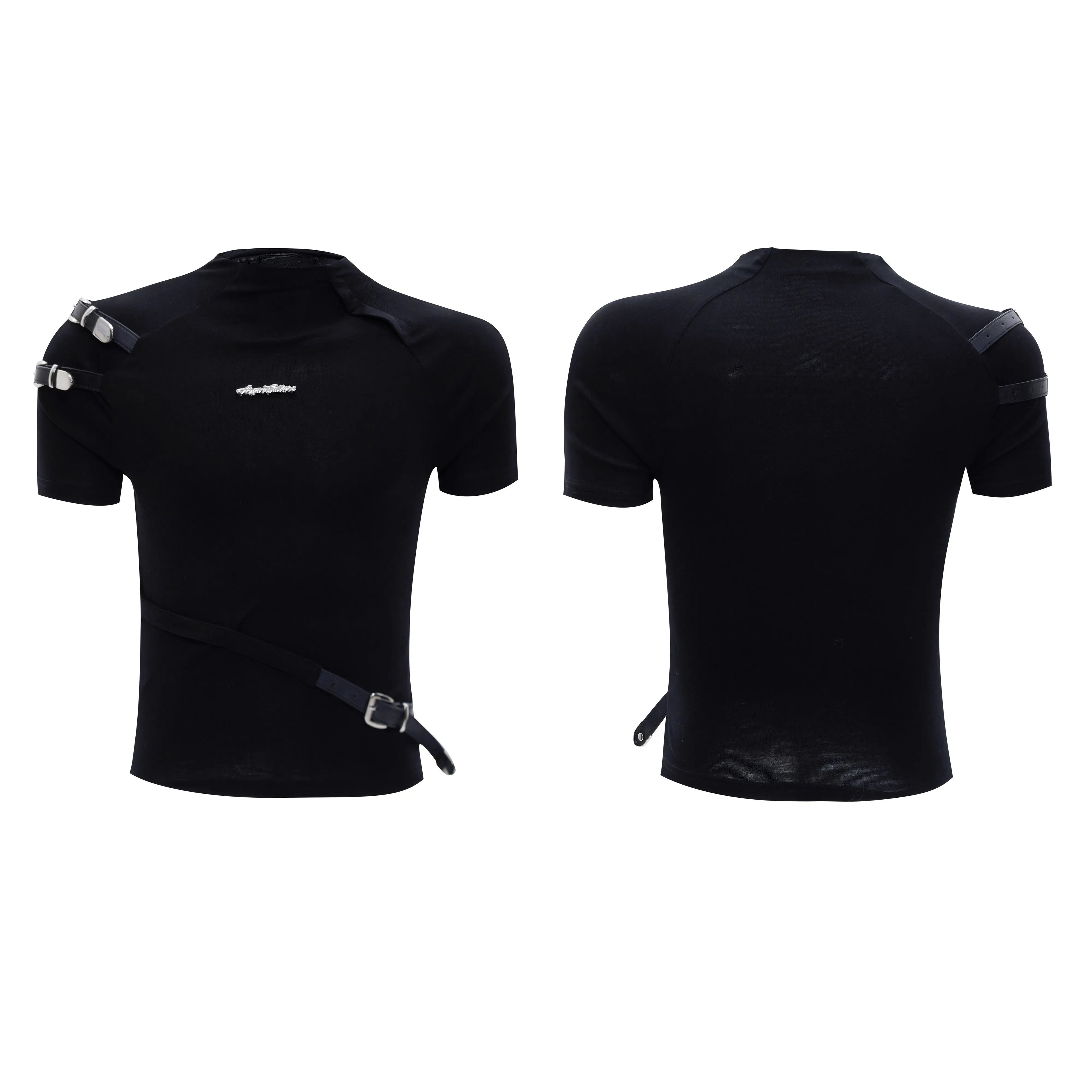 Cotton men's slim fit T-shirt with metal belt design and stand-up collar in black and white colours