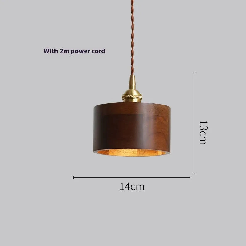 Close-up of a single-head droplight chandelier made from walnut wood art and copper, shown in one of four available colour styles.
