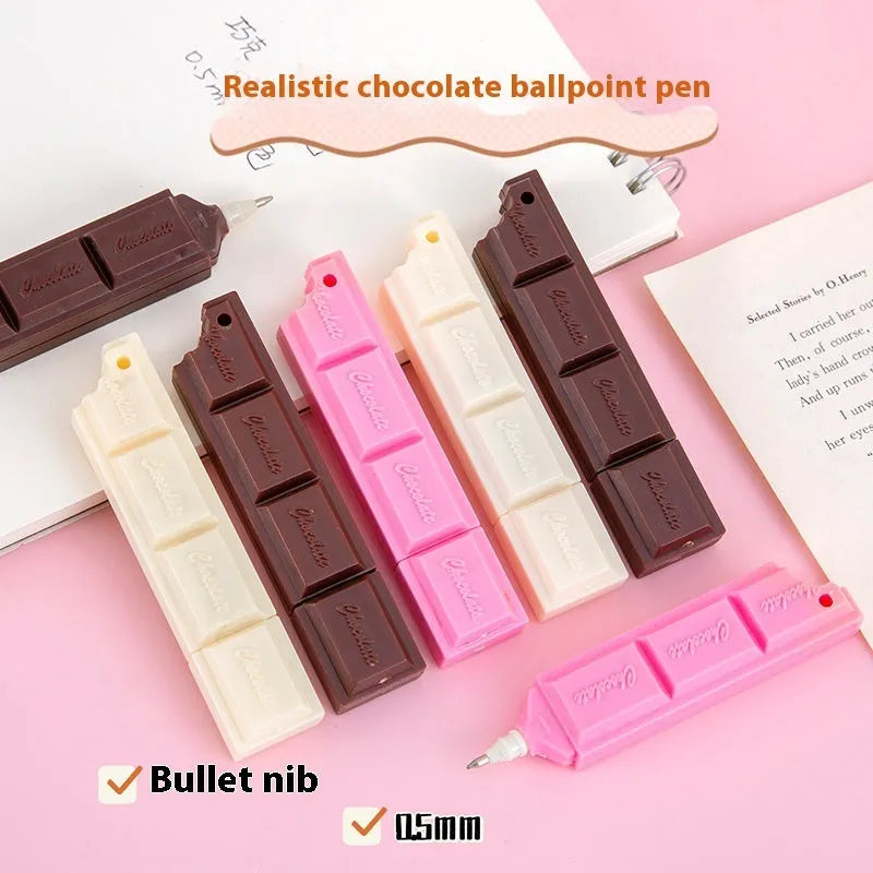 Chocolate ballpoint pen with cartoon simulation food design showing 0.5mm bullet tip and pink, beige, brown refill options.