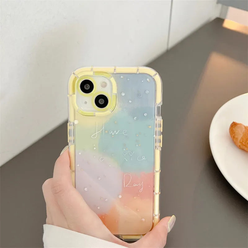 Minimalist contrast colour silicone phone case for iPhone 14 with a yellow edge.
