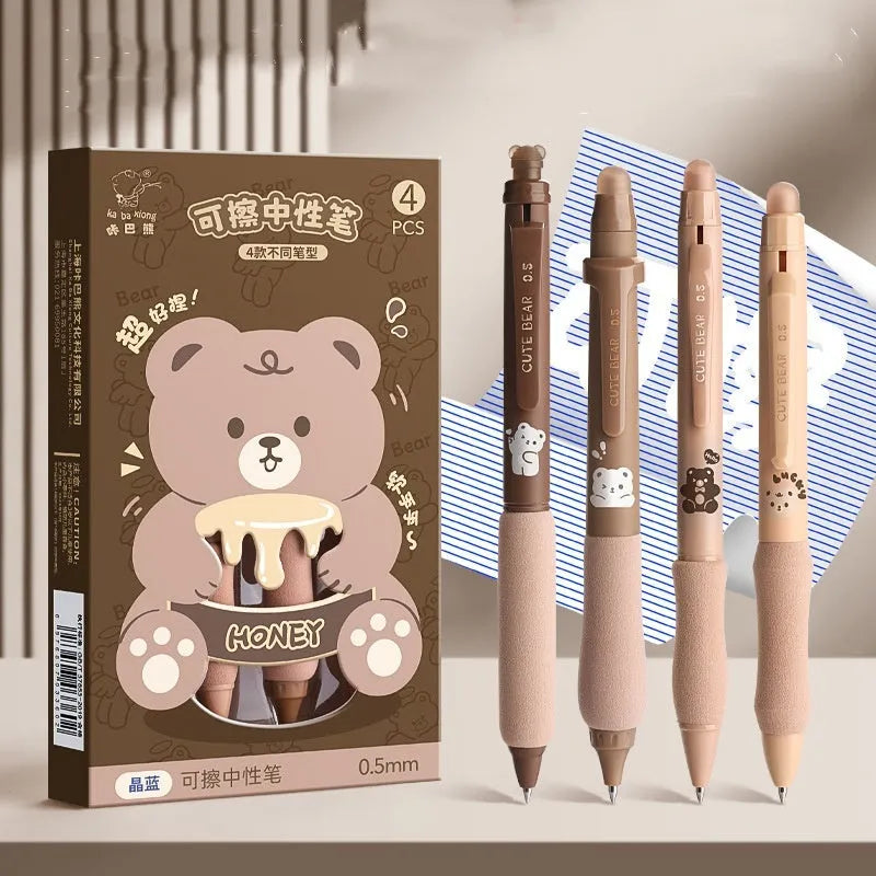 Erasable gel pen with 0.5mm tip, press mechanism and cartoon character designs