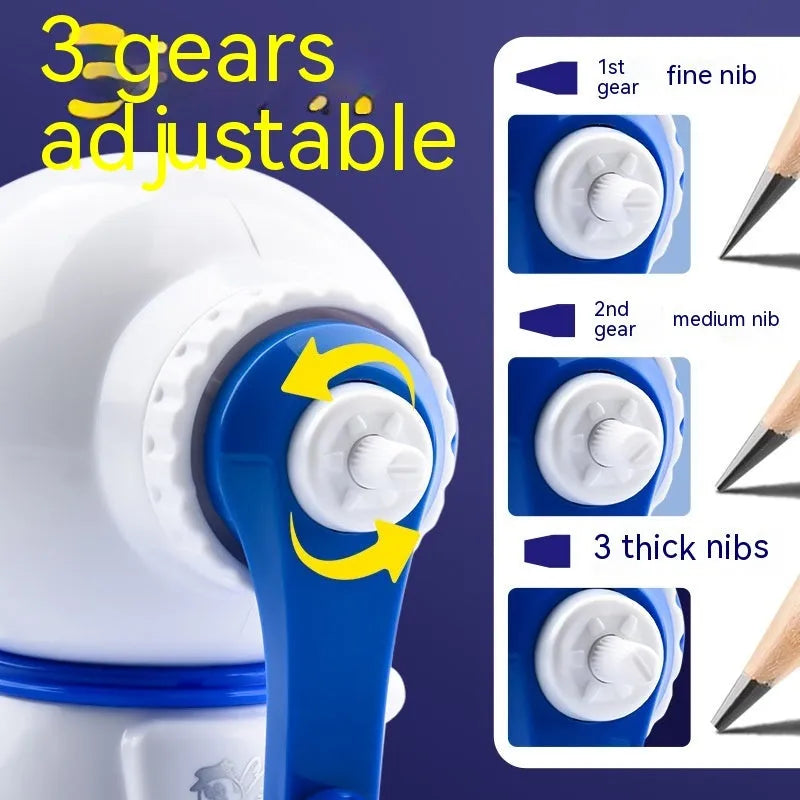 Blue astronaut pencil sharpener with manual operation and anti-jam mechanism