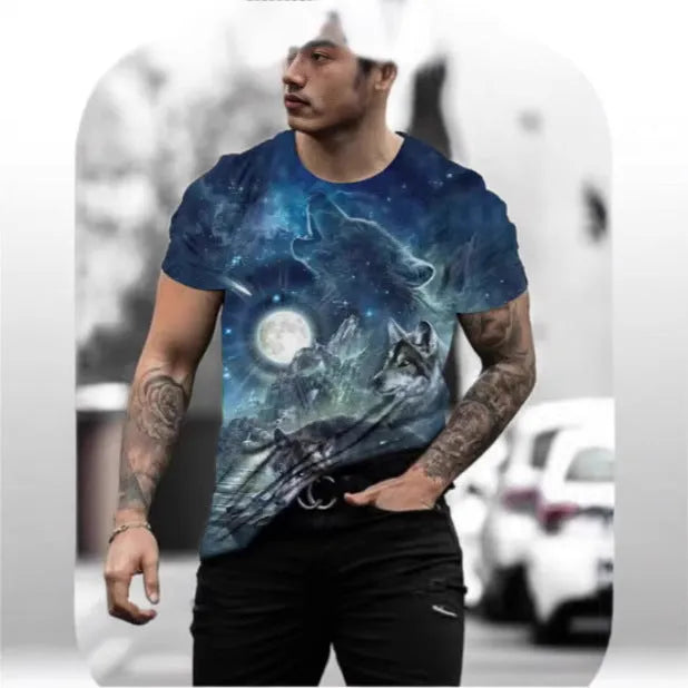 Man wearing a retro style 3D animal print short-sleeved t-shirt
