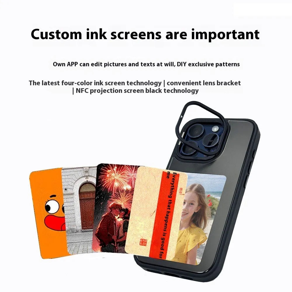 Graphite black NFC projection screen phone case with E-ink display and integrated bracket for Apple iPhone.