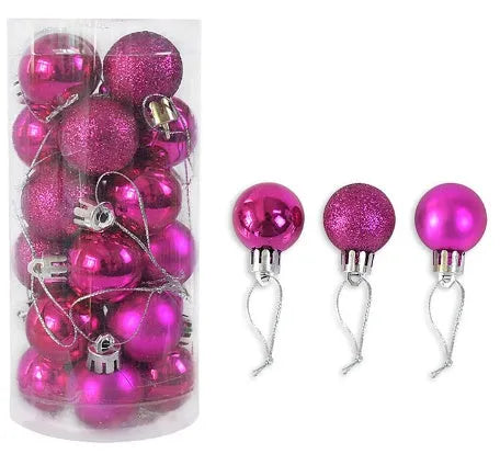 Assorted gold, red, silver and blue 3cm diameter shiny matte Christmas baubles displayed together.