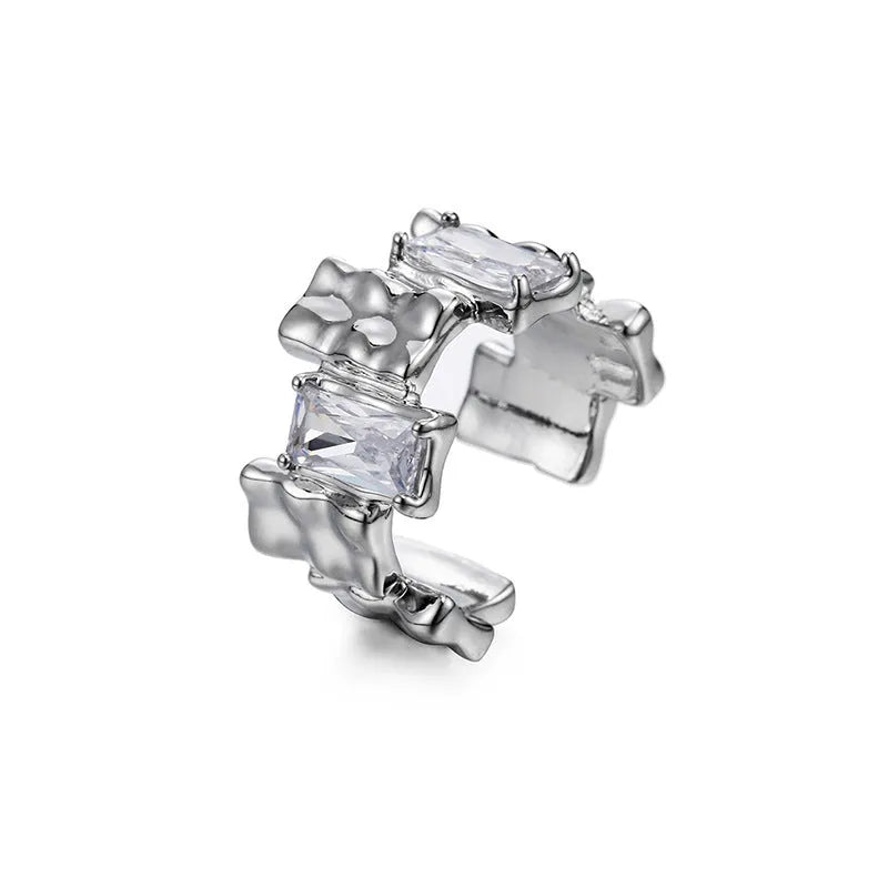 Geometric open silver ring with cross zircon gemstones and three-dimensional decoration