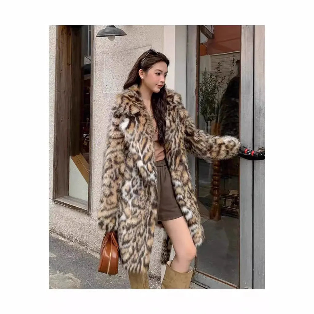 Women's faux fur coat with fur collar in street fashion style, available in multiple sizes