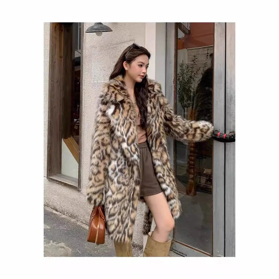 Women's faux fur coat with fur collar in street fashion style, available in multiple sizes