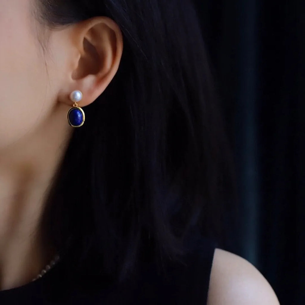 Lapis lazuli pearl earrings in 925 silver with auspicious patterns and post back fittings