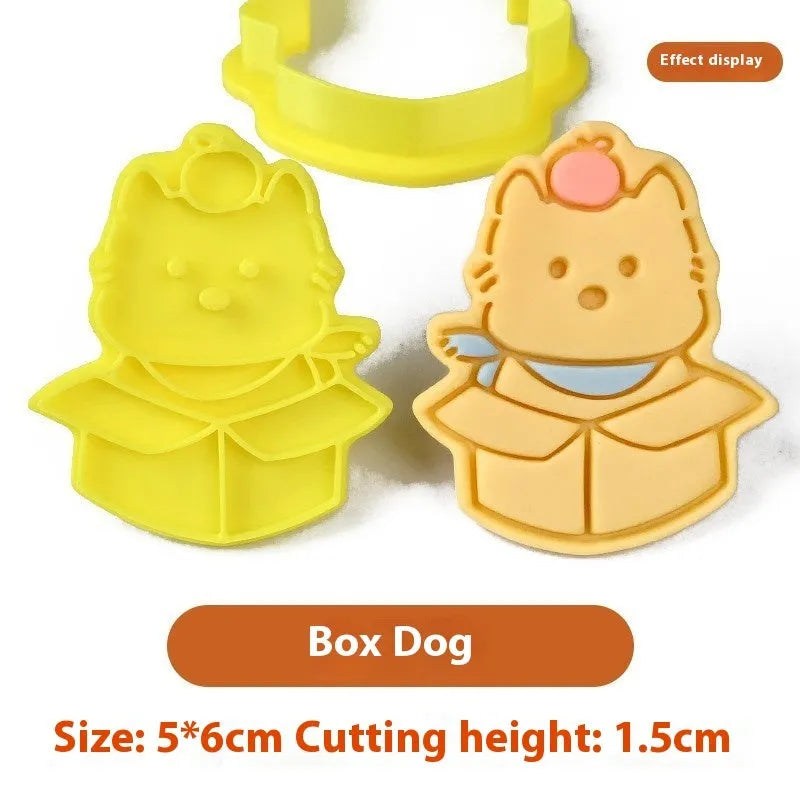 Three-dimensional plastic biscuit mould with puppy cartoon designs for making decorated dog-themed cookies and candies