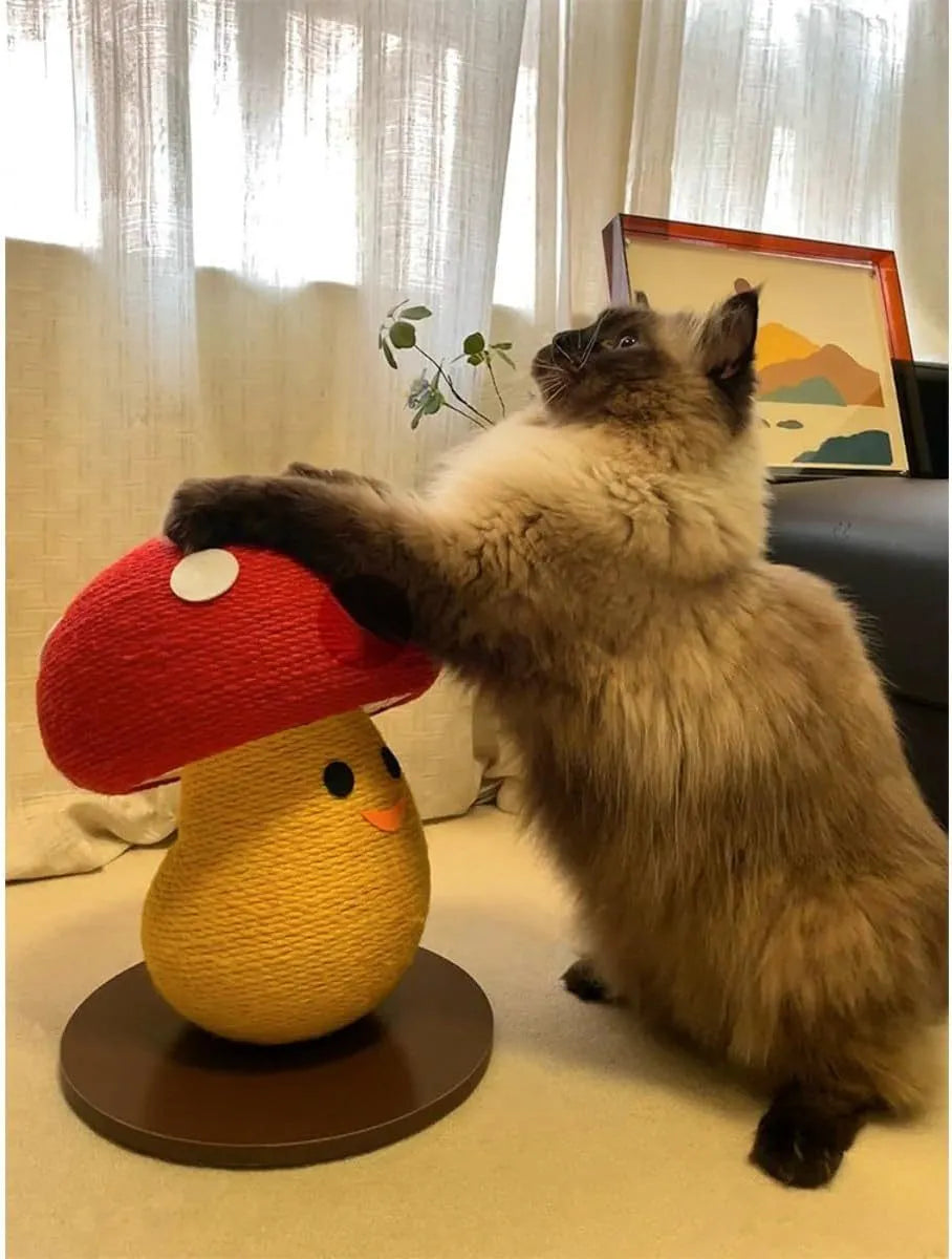 Foldable round mushroom-shaped cat scratcher board made from corrugated cardboard.
