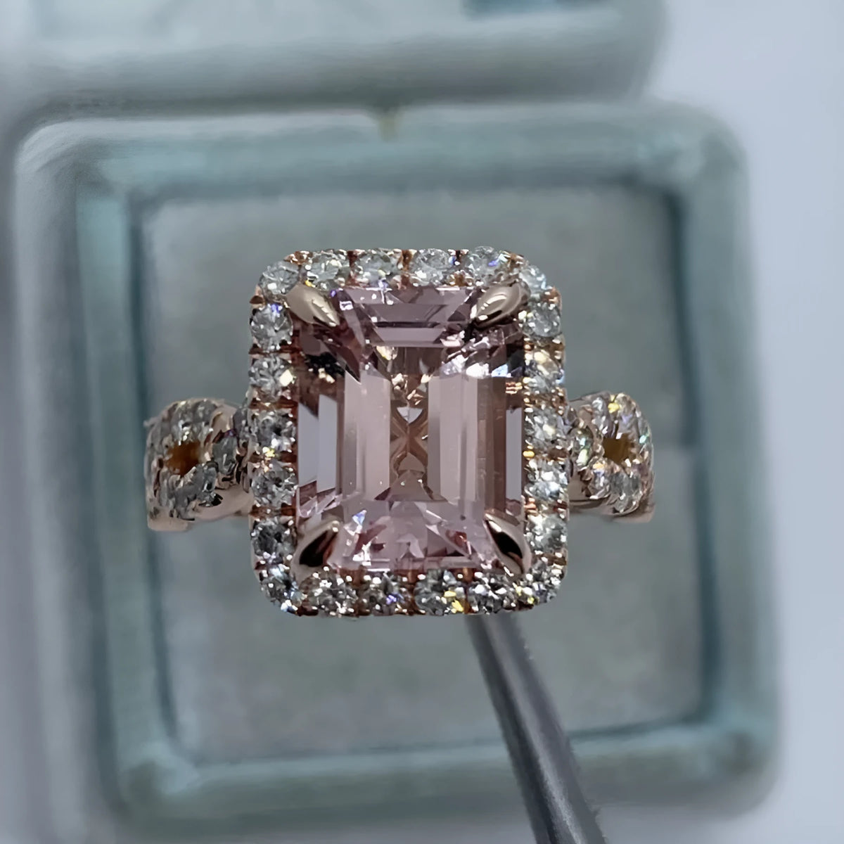 Geometric rose gold alloy ring with electroplated finish shown in various angles