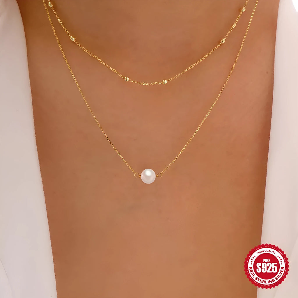 S925 sterling silver double layer pearl necklace with twin pearls and ball bead chain in gold colour