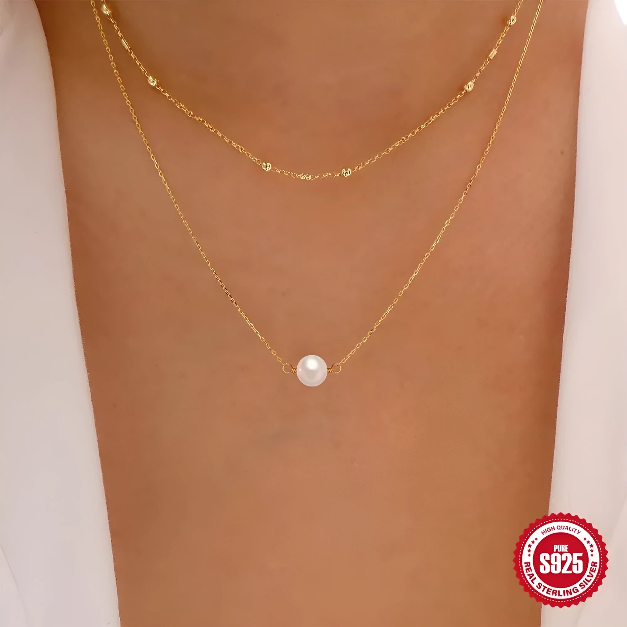 S925 sterling silver double layer pearl necklace with twin pearls and ball bead chain in gold colour