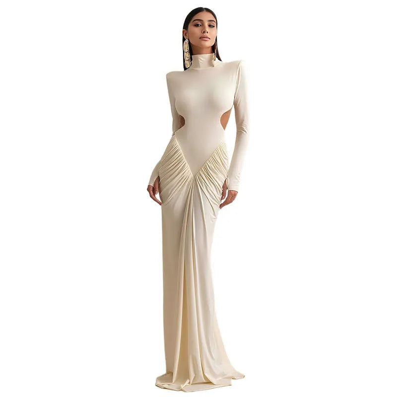Women's slim fit long sleeve dress with high collar and backless pleated design in formal style