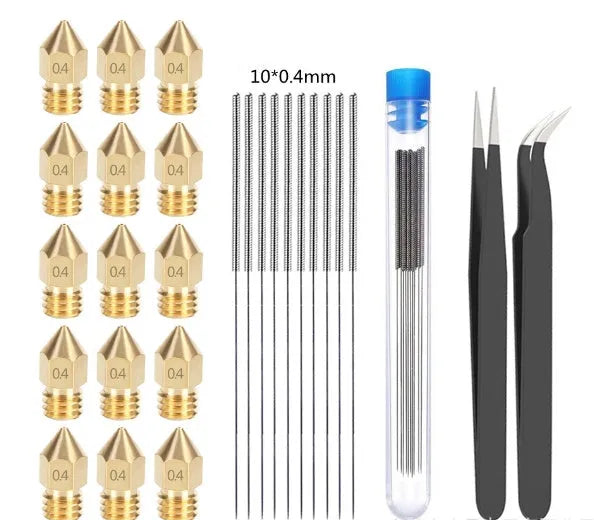 Brass MK8 nozzle and stainless steel cleaning pin kit for Ender 3 and CR-10 3D printers.