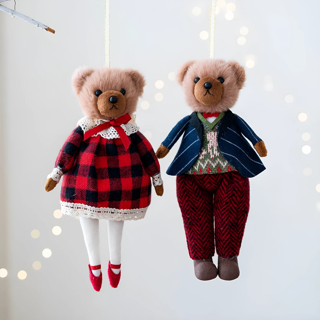 Cartoon plush bear doll in cotton suit plaid outfit, available as gentleman or princess character
