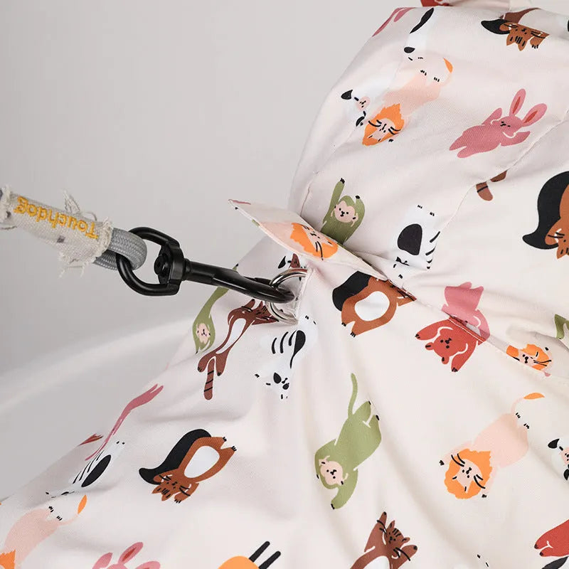 Beige cartoon dog raincoat with waterproof PU coating, shown in small animal design