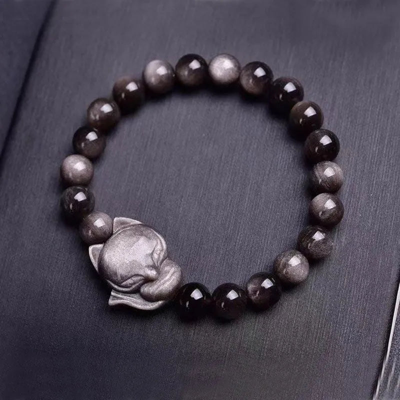 Obsidian fox bracelet with 8mm gemstone beads and fox charm pendant