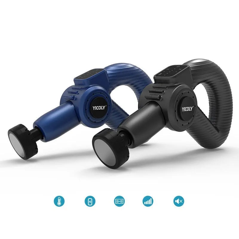 Black smart muscle massage gun with display, attached massage head, and additional heads on a grey background.
