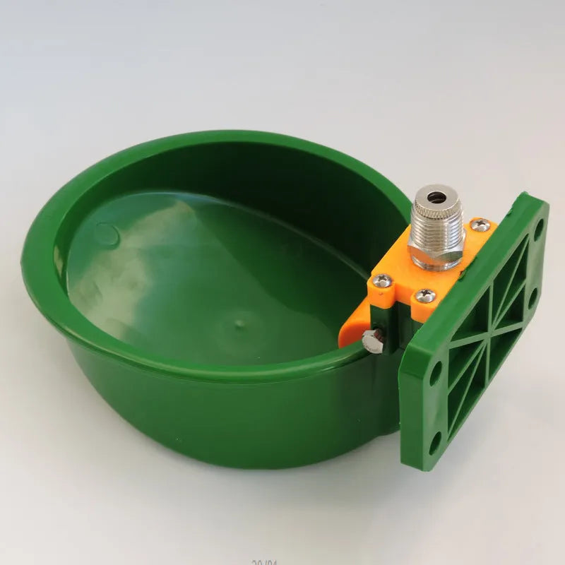 Green plastic livestock drinking bowl with auto water nozzle for farm troughs