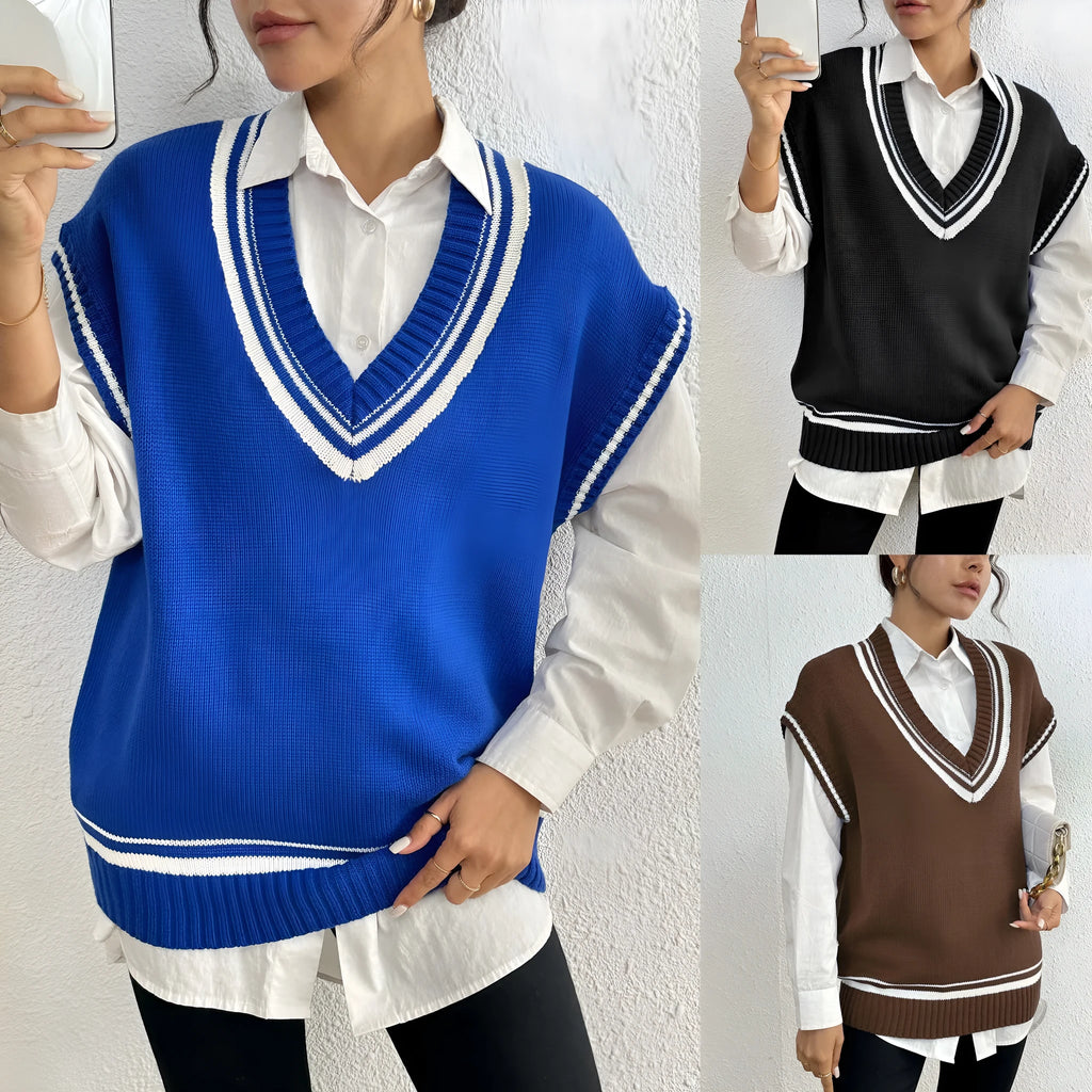 Women's loose-fit acrylic blend vest sweater in college style available in blue, coffee, and black colours