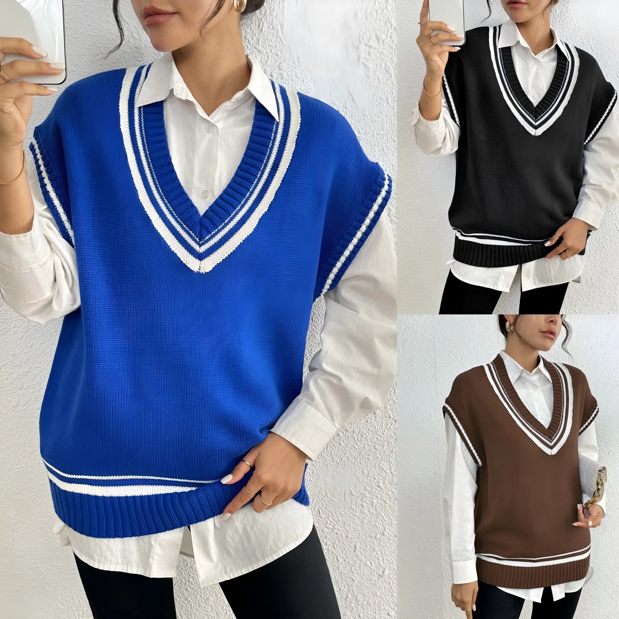 Women's loose-fit acrylic blend vest sweater in college style available in blue, coffee, and black colours