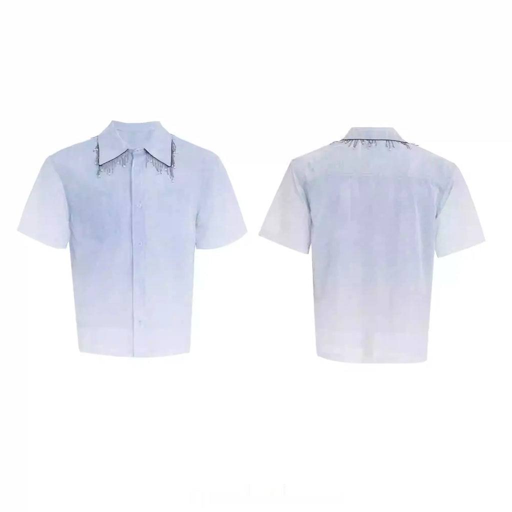 Men's blue and white gradient short-sleeve casual shirt on a hanger