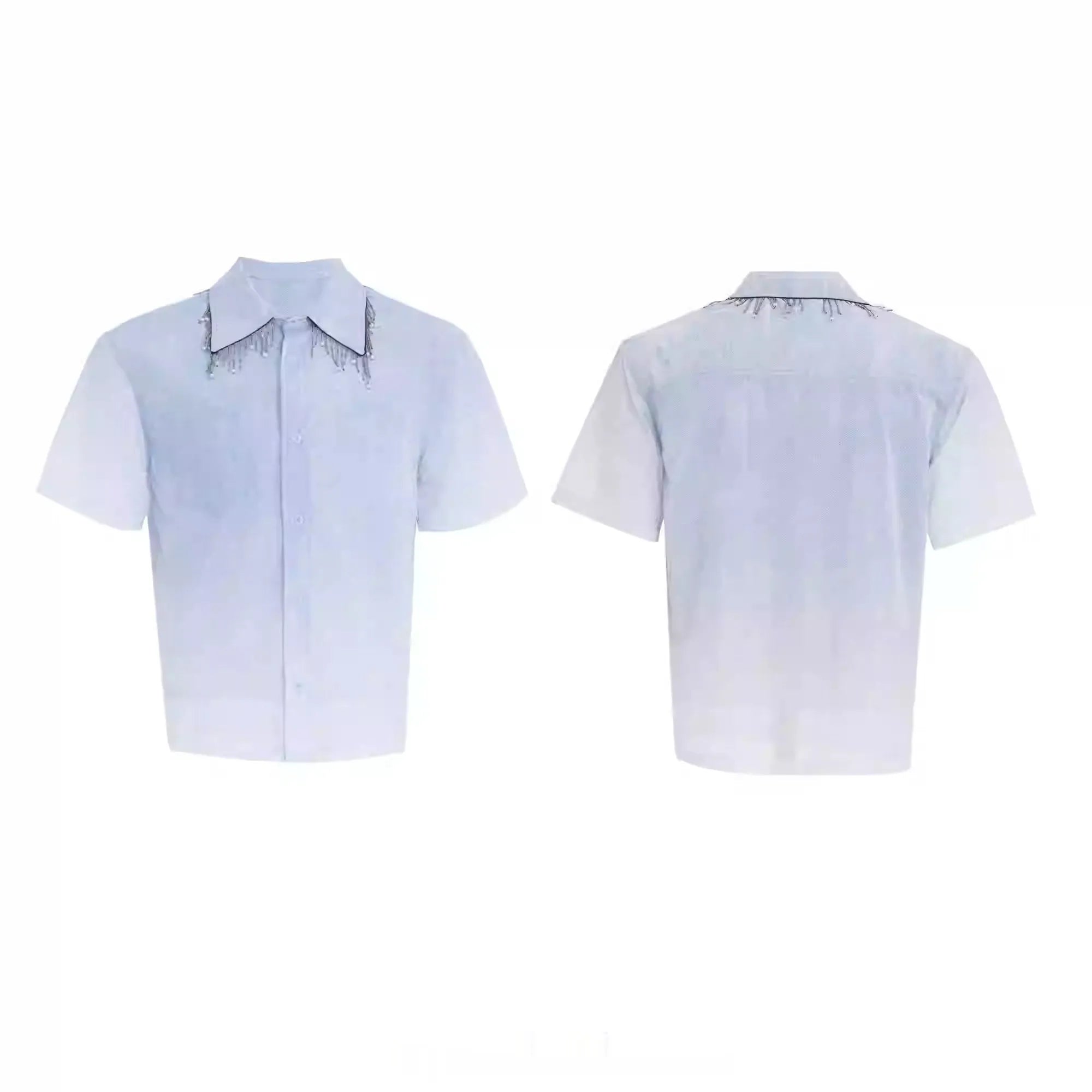 Men's blue and white gradient short-sleeve casual shirt on a hanger
