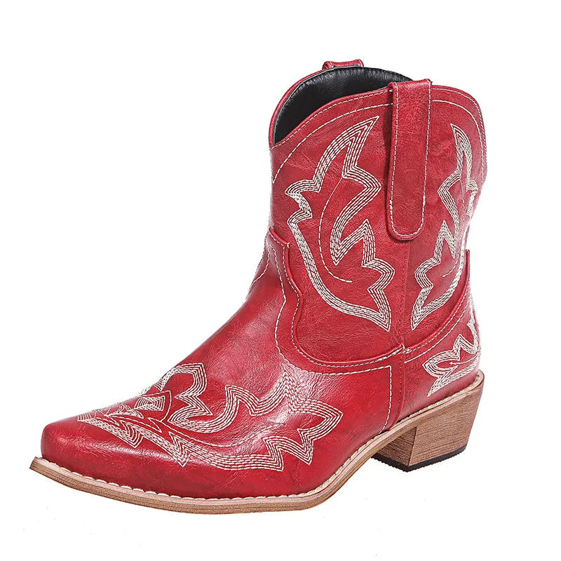 Women's cowboy boots with embroidery decoration and low wedge heel in blue colour