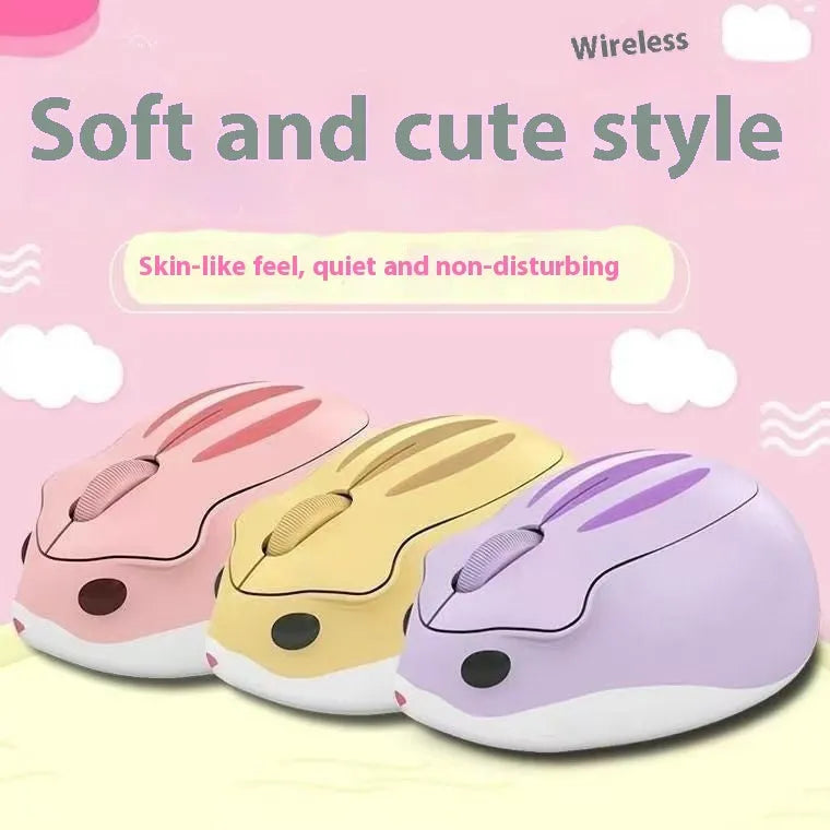 Hamster Wireless Bluetooth Silent Mouse in grey, pink, and yellow colour options shown on a desk.