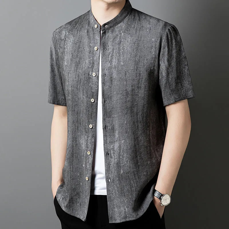 Men's loose fit linen shirt with stand collar in black grey colour