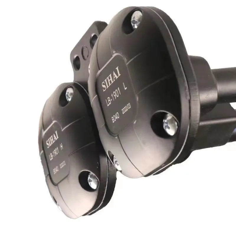 Black dual trumpet air horn and compressor kit for 12V and 24V vehicles.