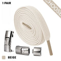 Press lock elastic no-tie shoelaces showing 8mm widened flat design in multiple colour options