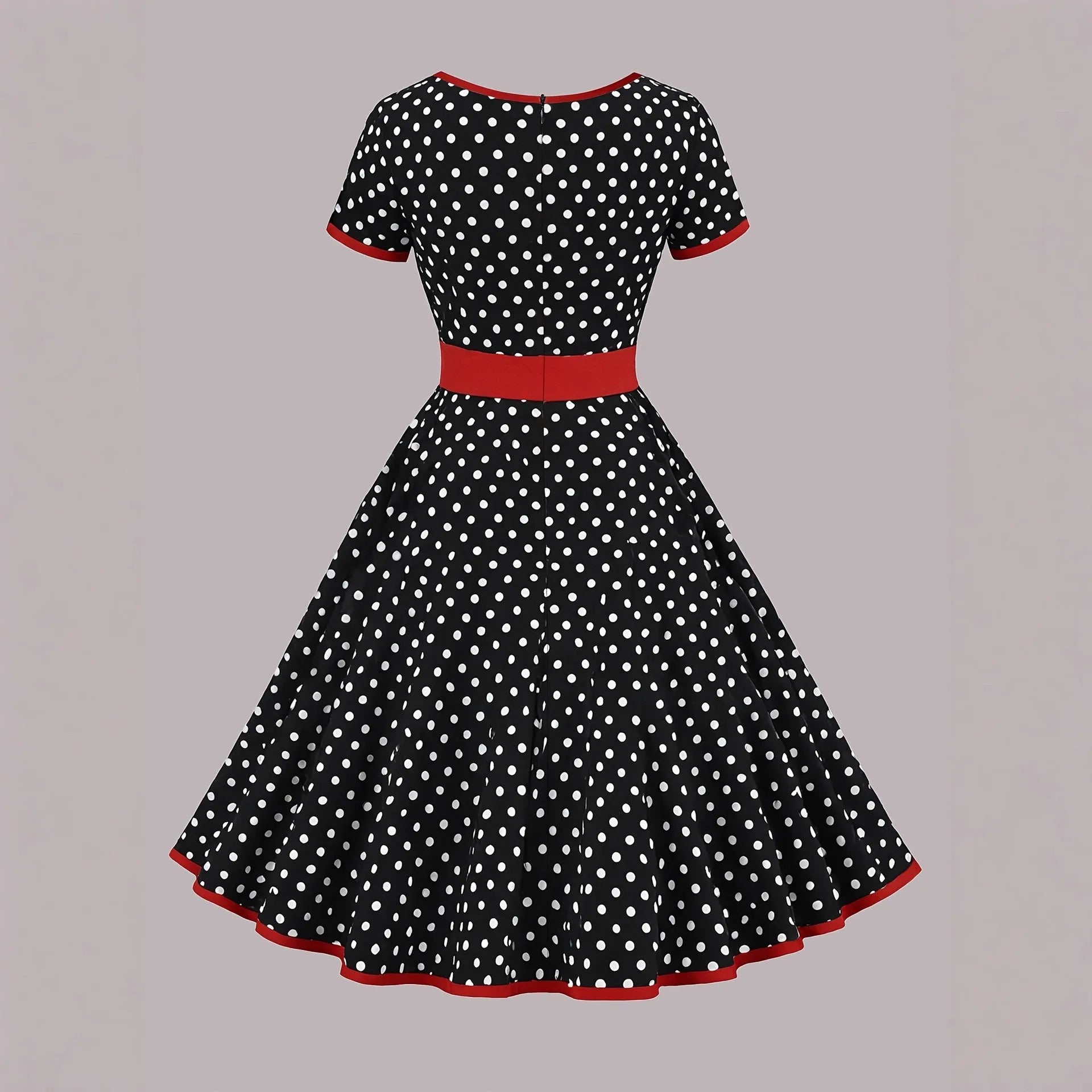 Women's multicolour polka dot dress with square collar, short sleeves, front zipper, and pleated A-line skirt.