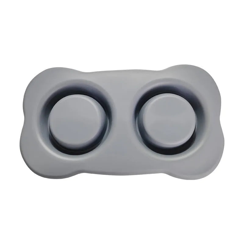 Large silicone double dog bowl with stainless steel food and water inserts in blue colour