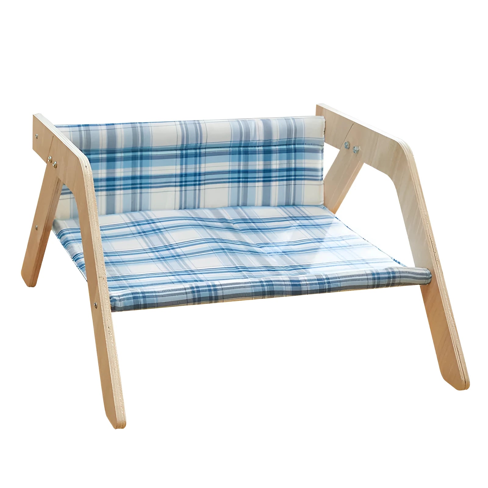 Wooden elevated cat bed hammock with soft cloth cushion in blue colour for indoor cats